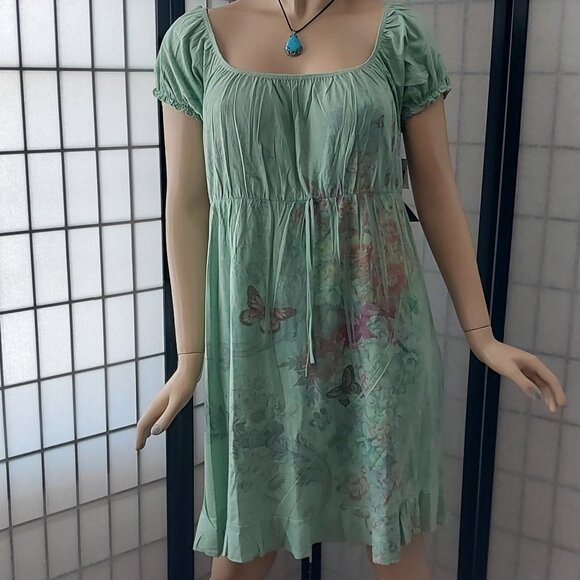 NWT Bamboo Traders Bohemian Sage Green Dress  L Colorful Butterfly Floral Print - Picture 5 of 11